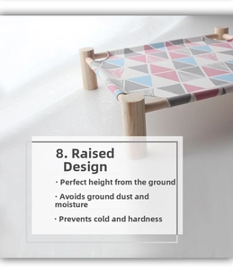Detail of elevated wooden pet hammock with geometric canvas pattern for breathability