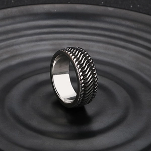 Vintage silver-black stainless steel ring with tire tread texture for men
