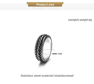 Detail of 7mm punk twisted chain ring in stainless steel with 8g weight specification