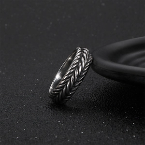 Vintage stainless steel twist chain ring in antique silver with woven texture details