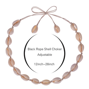 Handmade adjustable black rope choker featuring natural beige seashells in a circular layout
