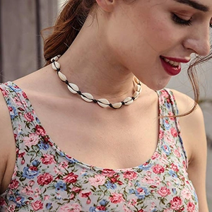 Bohemian handmade shell choker set with natural white shells on woven rope for women