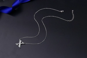 Macro detail of silver letter X pendant necklace featuring S925 hallmark on the chain