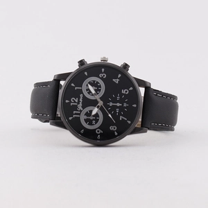 Classic black leather strap men's quartz watch with minimalist digital three-eye dial