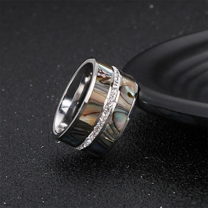 Punk style wide titanium steel ring featuring rhinestone row and abalone shell inlay