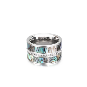 Silver punk style wide stainless steel ring with shell inlay and a row of rhinestones