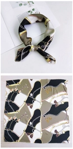 Detail of silk square scarf with chain pattern shown tied as a necktie and laid flat