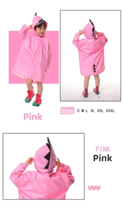 Pink cartoon dinosaur raincoat with hood and pockets for toddlers, detailed back view