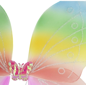 Detail of rainbow gradient butterfly wings with silver glitter and sequin bow accent