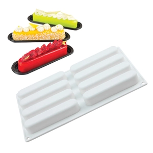 8-cavity white silicone mousse cake mold for long bar desserts and finished cakes