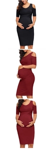 Detail view of ruching on off-shoulder maternity pencil dress in black and wine red