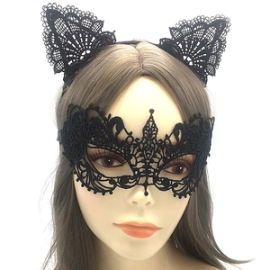 Ensemble serre-tête oreilles de chat en dentelle noire et masque pour Halloween