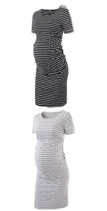 Detail showing side ruching and striped knit fabric on maternity short sleeve dresses