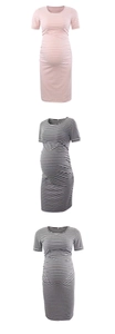 Detailed comparison of striped maternity dresses in pink, black, and grey variations