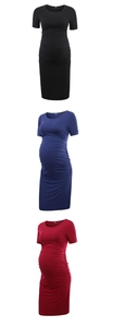 Detailed view of maternity bodycon dresses with side ruching in black, navy, and wine red