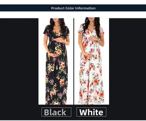 Detail view of floral print maternity dresses with V-neck and high waist in black and white