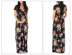 Front and back view of floral V-neck maternity maxi dress with colorful print