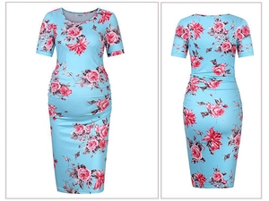 Detail of light blue maternity dress with pink rose print and waist pleats design