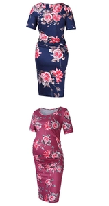 Detail of side ruching and floral rose print on navy and burgundy maternity dresses