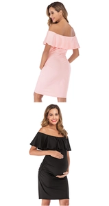 Detail of off-shoulder maternity dress with ruffle neckline and side ruching design