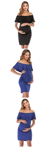 Close-up of off-shoulder maternity dress with ruffled collar and slim fit pencil cut