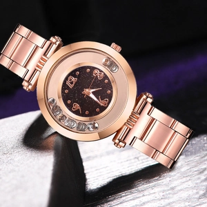 Women Quartz Watch Rose Gold Stainless Steel Strap Starry Sky Glitter Dial Floating Rhinestones Fashion Elegant Lady Wristwatch
