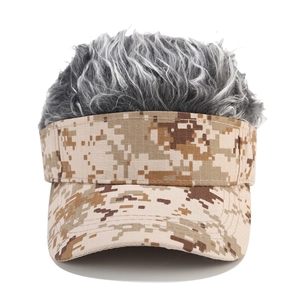 Digital desert camo baseball hat with fluffy grey synthetic hair wig on top for men