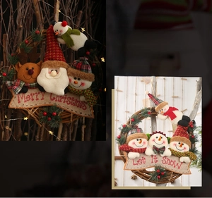 Detail of Christmas wreath featuring plush reindeer, Santa, and pine needle accents