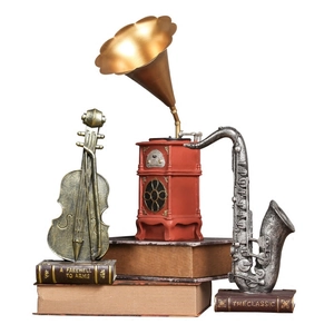 Retro musical instrument figurines set with gramophone, saxophone, and violin for home decor