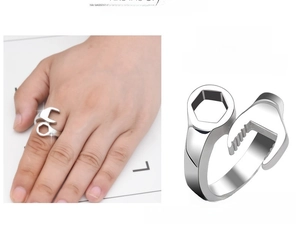 Detail macro of a creative wrench-shaped biker ring in polished stainless steel for men