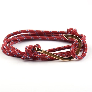 Nautical braided rope bracelet with golden fish hook clasp in red and blue navy style
