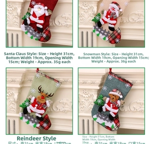 Detail of linen Christmas stockings with Santa, Snowman, Reindeer, and Bear motifs