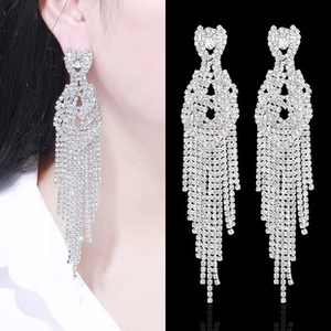 Silver fringe tassel earrings with rhinestones for elegant formal party evening wear