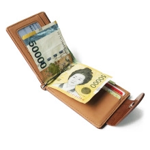 Detailed interior of brown PU leather wallet with card slots and metal money clip