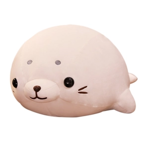Cute round seal plush toy pillow in creamy white with soft realistic texture