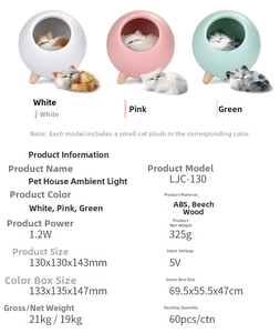 Detailed specs of pet house night light featuring ABS material and beech wood legs