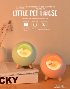Close-up of cute pet house night light featuring a small cat model and warm LED lighting