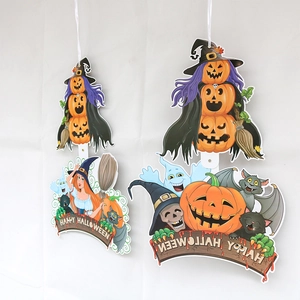 Halloween party banner with pumpkin witch ghost icons and Happy Halloween text