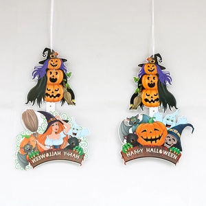 Detail of paper Halloween banners featuring pumpkin, witch and ghost themed characters
