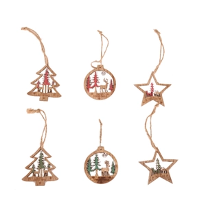 Set of 6 hollow wooden Christmas ornaments with reindeer patterns and Merry Christmas text