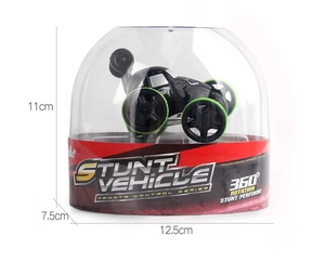 Mini RC stunt car in transparent display packaging with detailed dimensions 12.5x11cm