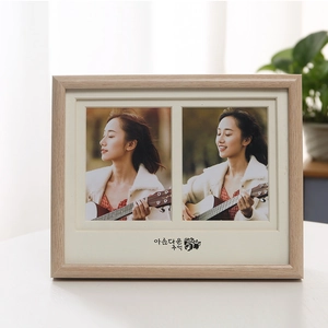 Nordic wooden double picture frame with light grain finish and white matting inserts
