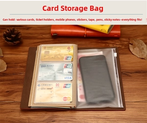 Detail view of a PVC loose-leaf storage bag with card slots and zipper pocket for planners