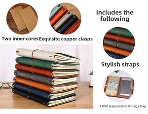 Macro detail of leather travel journal set with brass button and PVC storage pocket