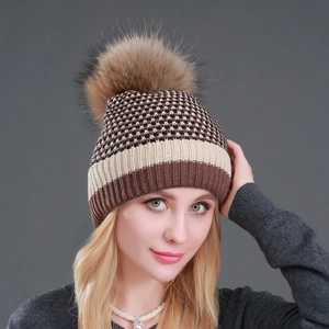 Women winter knit beanie with real raccoon fur pom and stylish tricolor stripe patterns