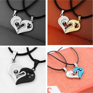 Detail showing four color variants of interlocking heart couple necklaces with I Love You text