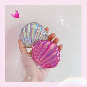 Holographic laser shell folding mirrors in iridescent silver and pink for makeup