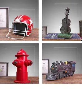 Vintage retro decor set with American football helmet violin fire hydrant and steam train