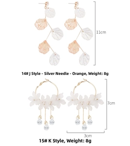 Detailed view of white shell petal earrings with size and weight measurements