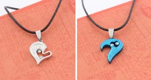 Couples heart pendant necklace with zircon inlay and I LOVE YOU engraving on black cord